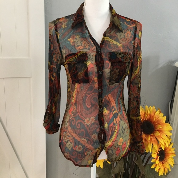 Lucky brand sheer multi colored pattern long sleeve button down blouse. Size Sm - Picture 1 of 9